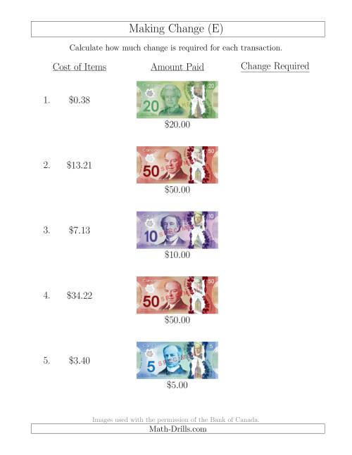 The Making Change from Canadian Bills up to $50 (E) Math Worksheet