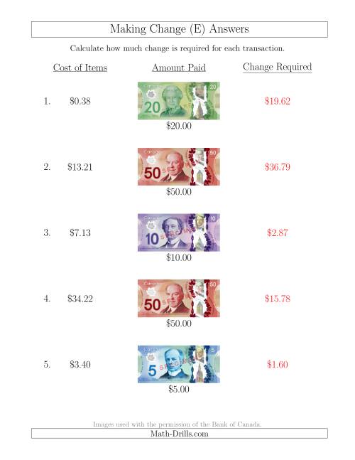 The Making Change from Canadian Bills up to $50 (E) Math Worksheet Page 2