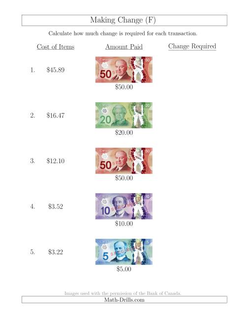 The Making Change from Canadian Bills up to $50 (F) Math Worksheet