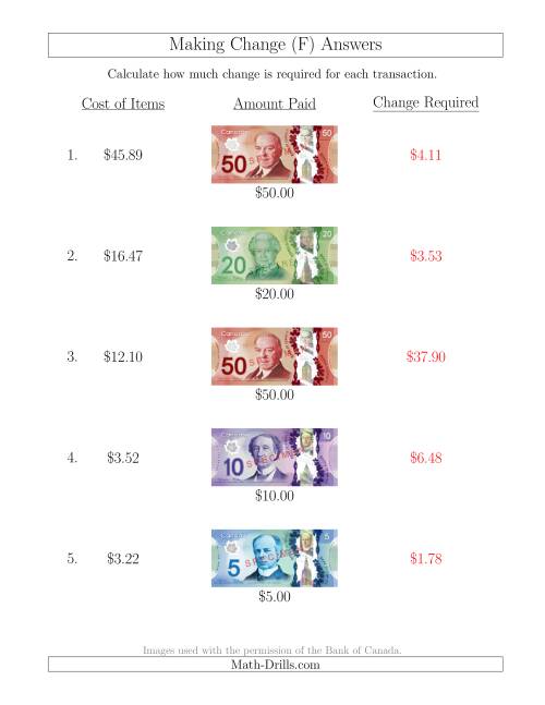 The Making Change from Canadian Bills up to $50 (F) Math Worksheet Page 2