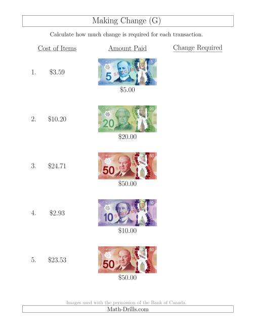 The Making Change from Canadian Bills up to $50 (G) Math Worksheet