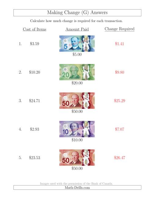 The Making Change from Canadian Bills up to $50 (G) Math Worksheet Page 2