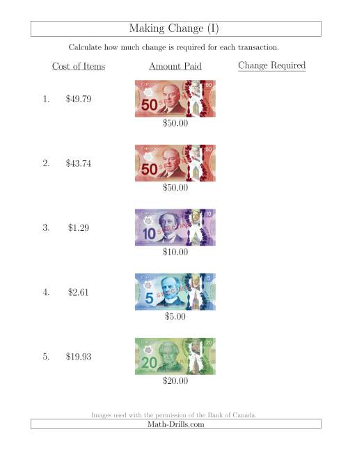 The Making Change from Canadian Bills up to $50 (I) Math Worksheet