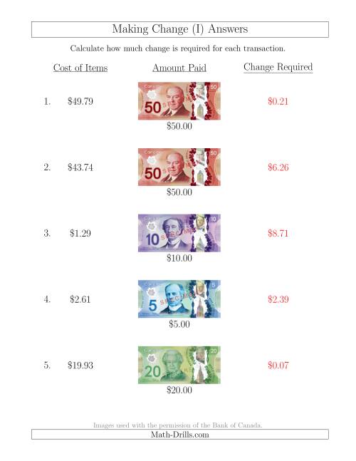 The Making Change from Canadian Bills up to $50 (I) Math Worksheet Page 2