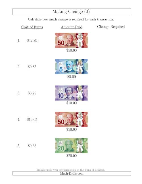 The Making Change from Canadian Bills up to $50 (J) Math Worksheet