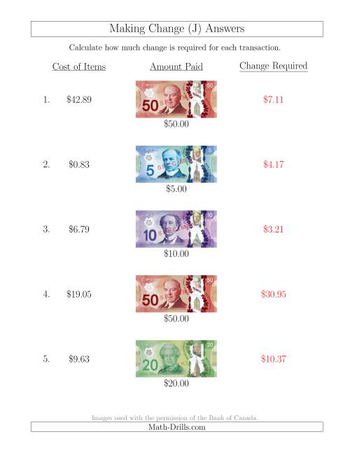 The Making Change from Canadian Bills up to $50 (J) Math Worksheet Page 2