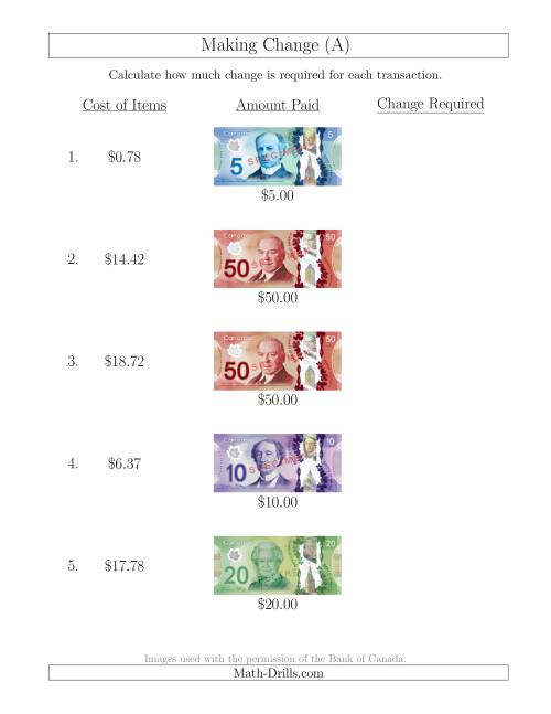The Making Change from Canadian Bills up to $50 (All) Math Worksheet