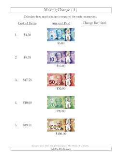 Making Change from Canadian Bills up to $100