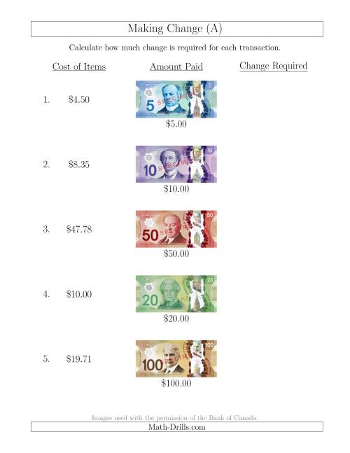 The Making Change from Canadian Bills up to $100 (A) Math Worksheet