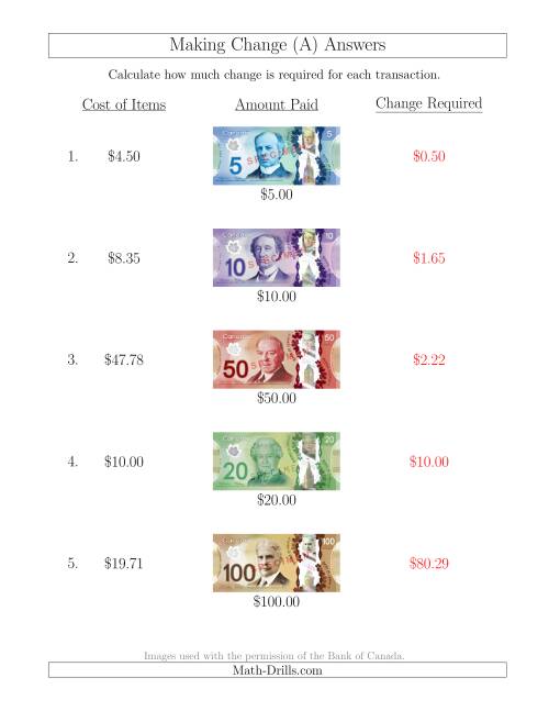 The Making Change from Canadian Bills up to $100 (A) Math Worksheet Page 2