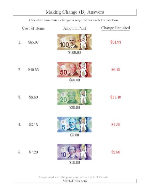The Making Change from Canadian Bills up to $100 (B) Math Worksheet Page 2