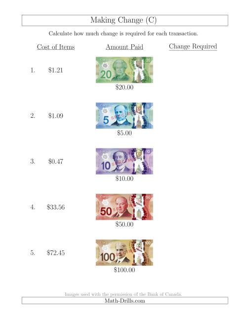 The Making Change from Canadian Bills up to $100 (C) Math Worksheet