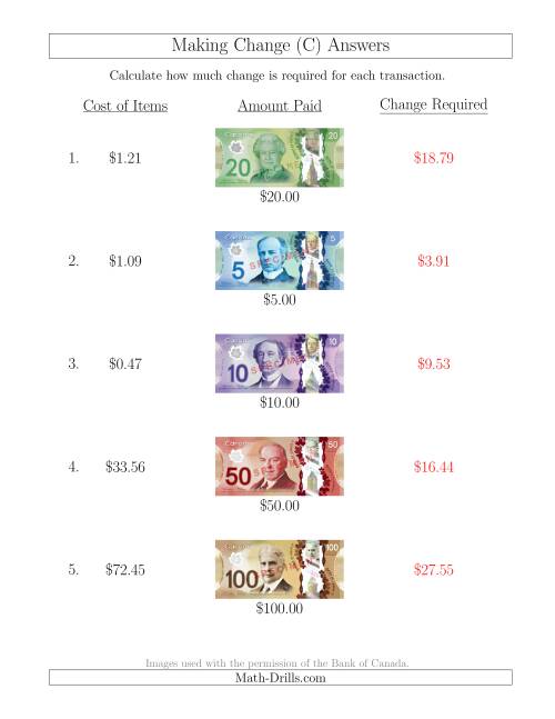 The Making Change from Canadian Bills up to $100 (C) Math Worksheet Page 2