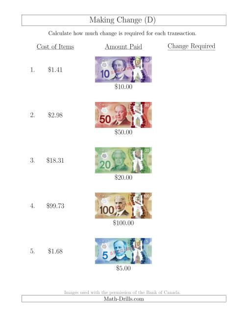 The Making Change from Canadian Bills up to $100 (D) Math Worksheet