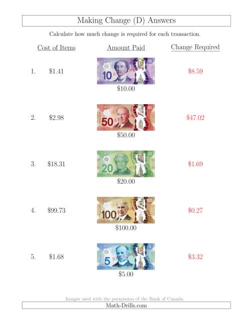 The Making Change from Canadian Bills up to $100 (D) Math Worksheet Page 2