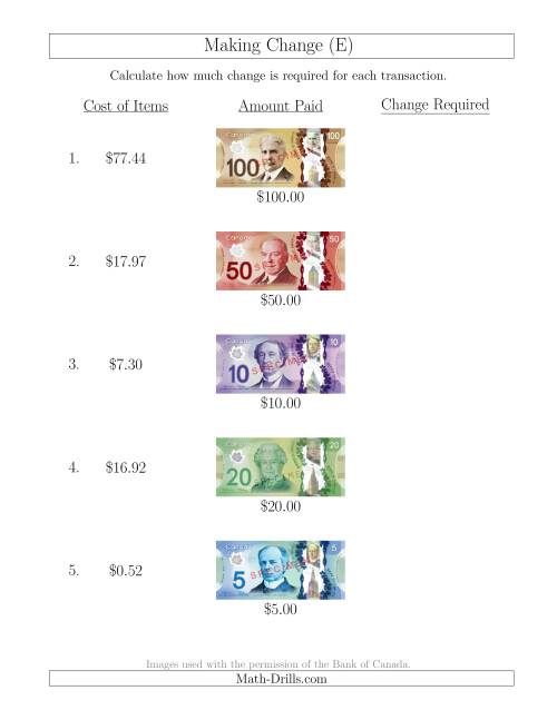 The Making Change from Canadian Bills up to $100 (E) Math Worksheet