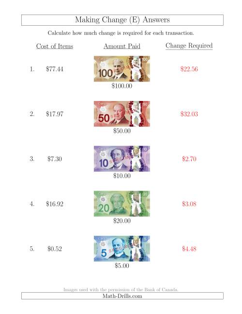 The Making Change from Canadian Bills up to $100 (E) Math Worksheet Page 2