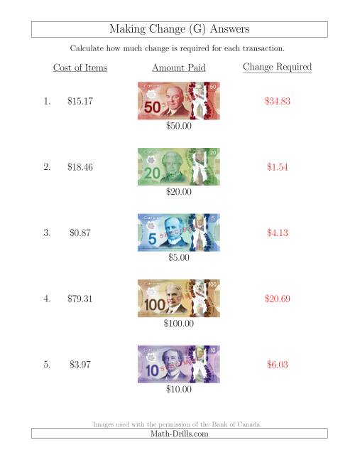 The Making Change from Canadian Bills up to $100 (G) Math Worksheet Page 2