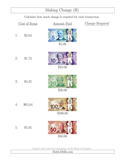 The Making Change from Canadian Bills up to $100 (H) Math Worksheet