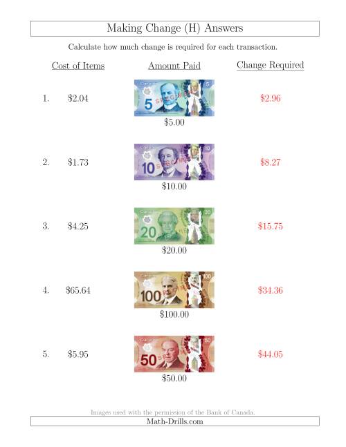 The Making Change from Canadian Bills up to $100 (H) Math Worksheet Page 2