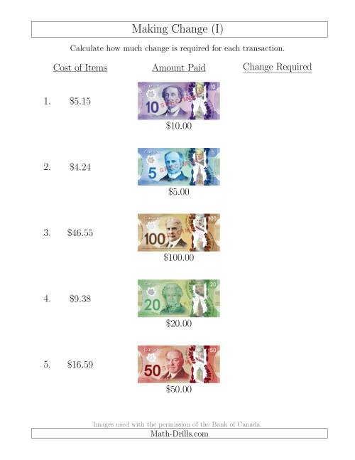The Making Change from Canadian Bills up to $100 (I) Math Worksheet