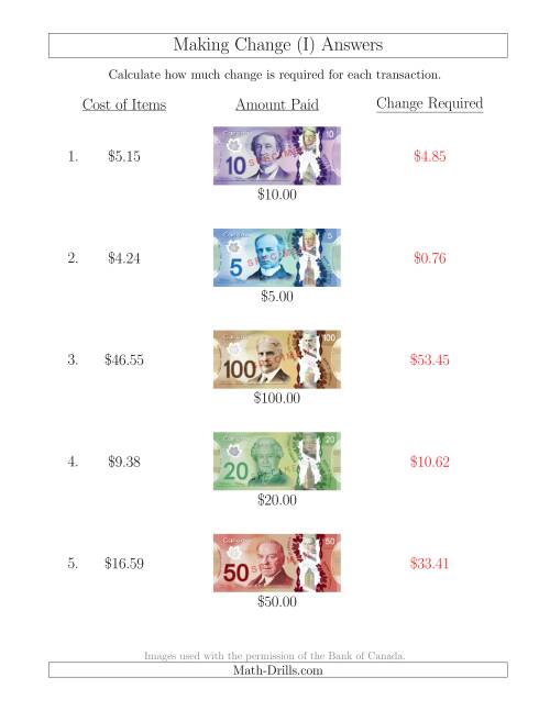 The Making Change from Canadian Bills up to $100 (I) Math Worksheet Page 2
