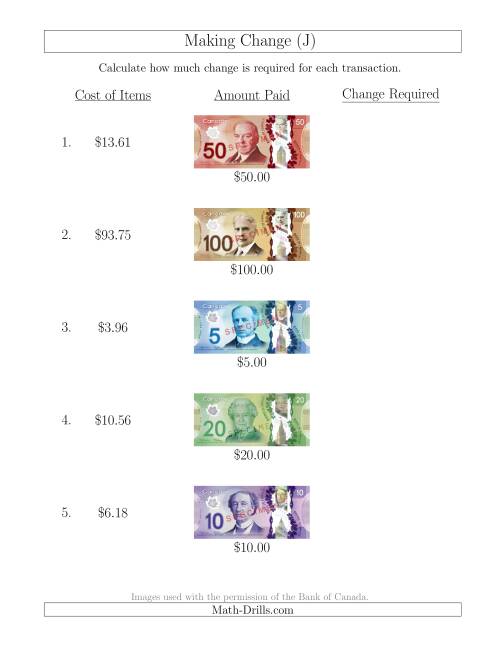 The Making Change from Canadian Bills up to $100 (J) Math Worksheet