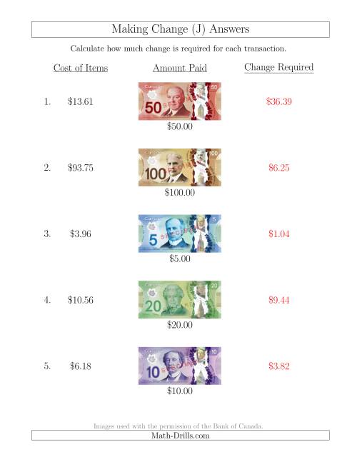The Making Change from Canadian Bills up to $100 (J) Math Worksheet Page 2