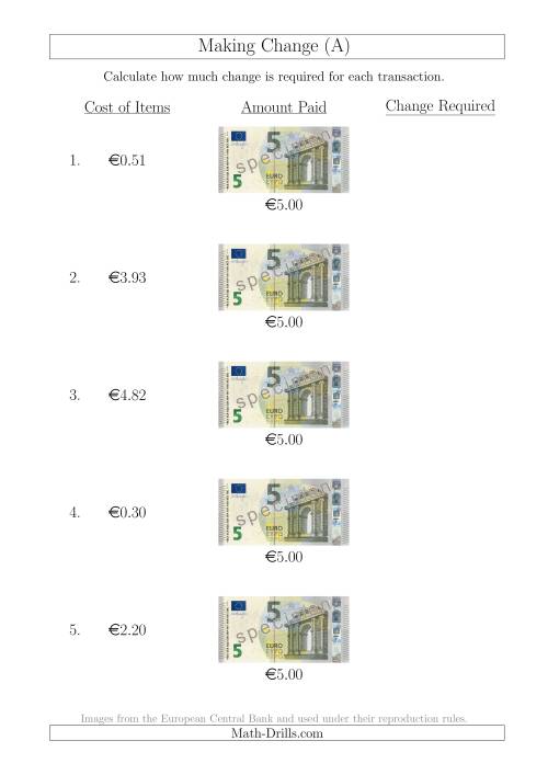 The Making Change from 5 Euro Notes (A) Math Worksheet