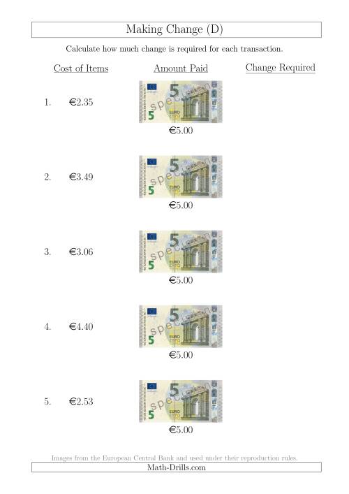 The Making Change from 5 Euro Notes (D) Math Worksheet