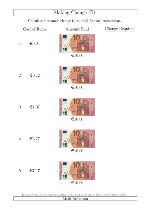 The Making Change from 10 Euro Notes (B) Math Worksheet