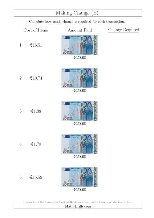 The Making Change from 20 Euro Notes (E) Math Worksheet