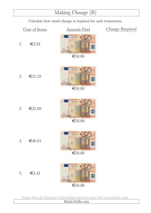The Making Change from 50 Euro Notes (B) Math Worksheet