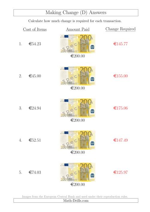 The Making Change from 200 Euro Notes (D) Math Worksheet Page 2
