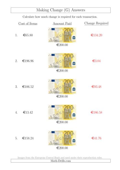 The Making Change from 200 Euro Notes (G) Math Worksheet Page 2