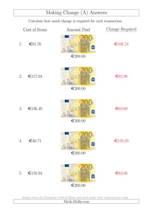 The Making Change from 200 Euro Notes (All) Math Worksheet Page 2