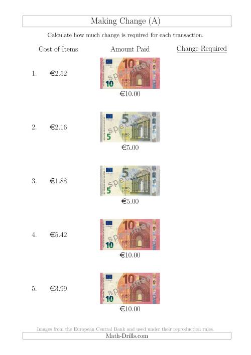 The Making Change from Euro Notes up to €10 (A) Math Worksheet