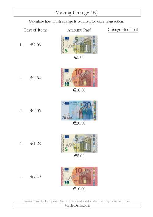 The Making Change from Euro Notes up to €20 (B) Math Worksheet