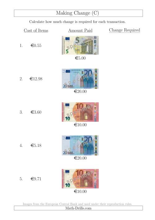 The Making Change from Euro Notes up to €20 (C) Math Worksheet