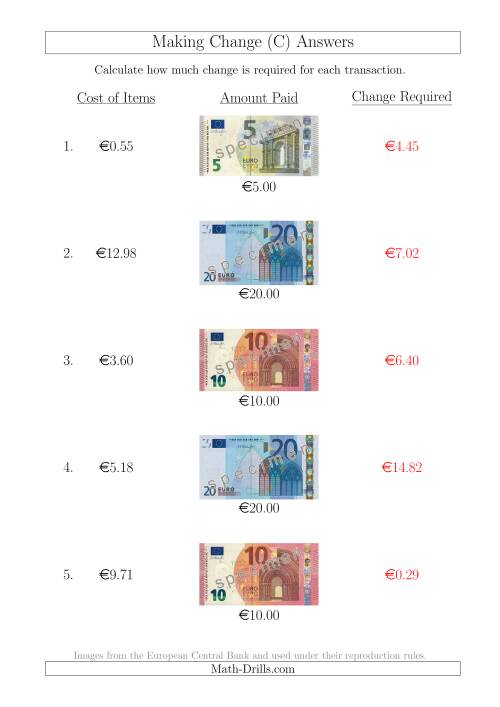 The Making Change from Euro Notes up to €20 (C) Math Worksheet Page 2