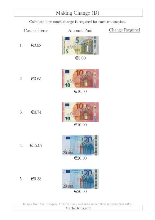 The Making Change from Euro Notes up to €20 (D) Math Worksheet