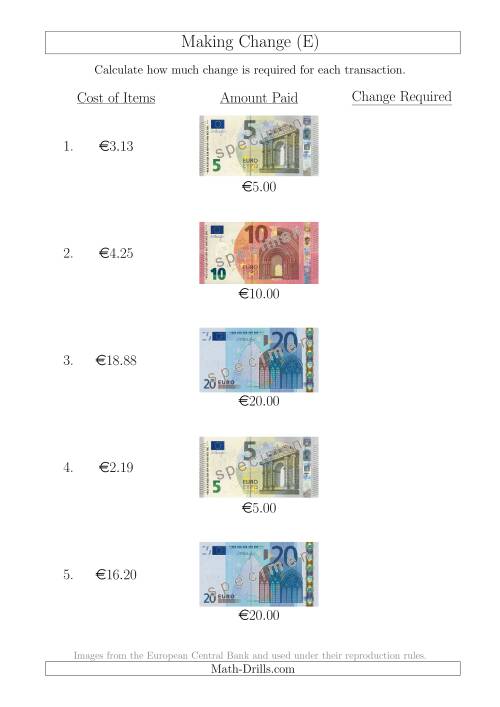 The Making Change from Euro Notes up to €20 (E) Math Worksheet