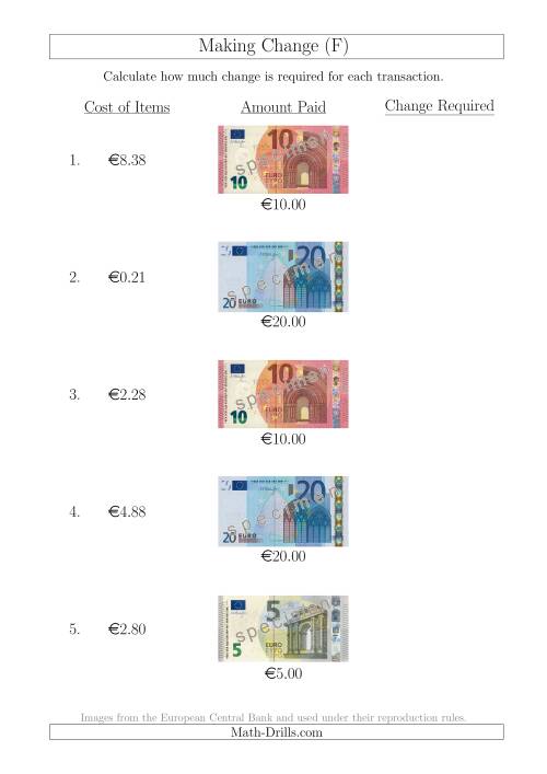The Making Change from Euro Notes up to €20 (F) Math Worksheet