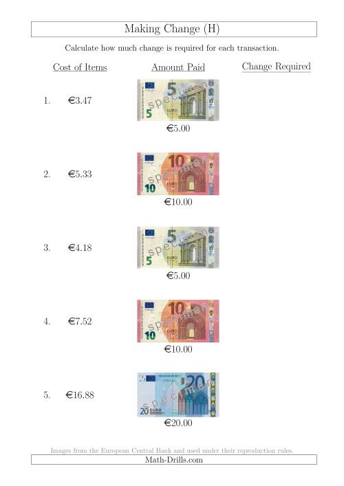 The Making Change from Euro Notes up to €20 (H) Math Worksheet