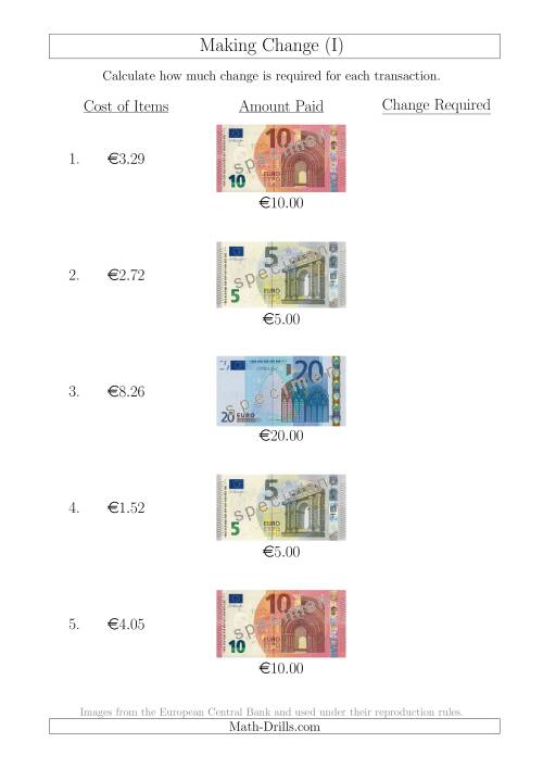 The Making Change from Euro Notes up to €20 (I) Math Worksheet