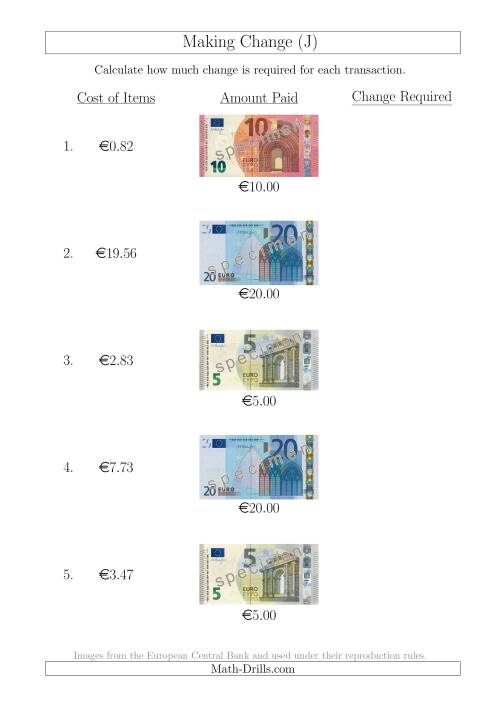 The Making Change from Euro Notes up to €20 (J) Math Worksheet