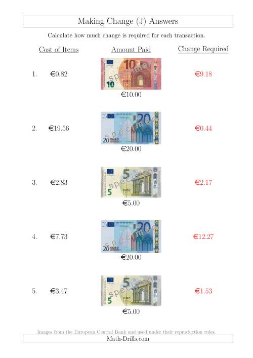 The Making Change from Euro Notes up to €20 (J) Math Worksheet Page 2