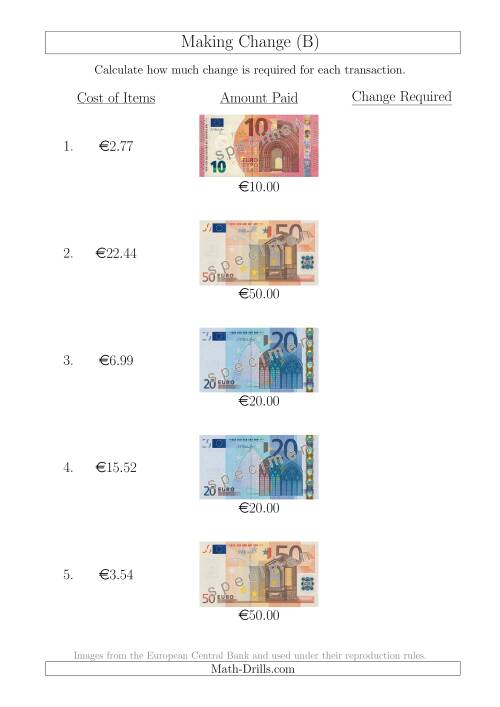 The Making Change from Euro Notes up to €50 (B) Math Worksheet