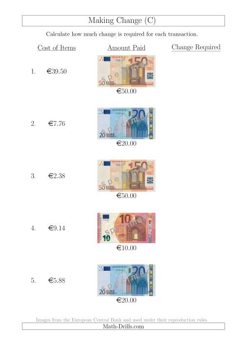 The Making Change from Euro Notes up to €50 (C) Math Worksheet