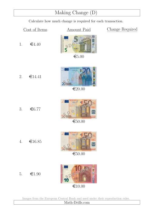 The Making Change from Euro Notes up to €50 (D) Math Worksheet